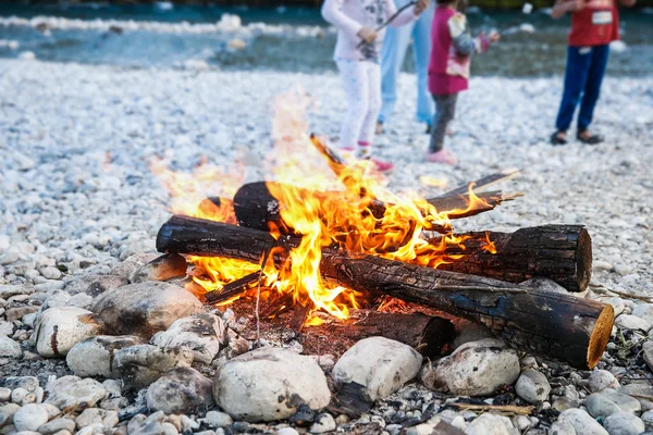 Family enjoying time by the river and self-made campfire