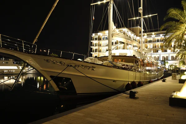 Luxury sailing yacht at night.