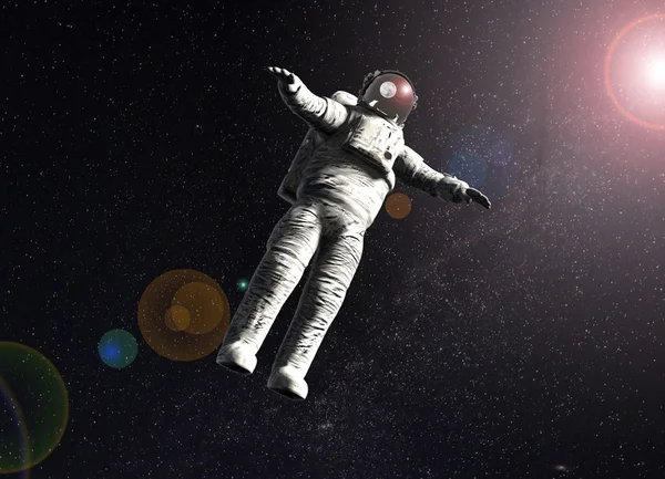 Floating astronaut in space with sun