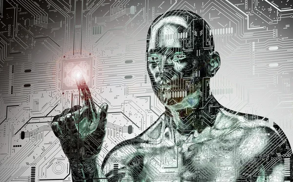 Humanoid robot clicking network computer