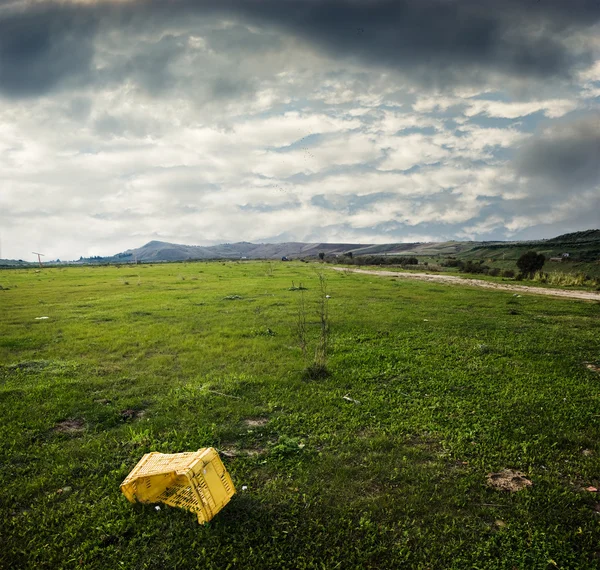 Yellow plastic box abandoned in desolate grass area