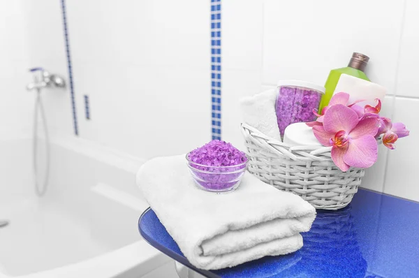 Basket with cosmetics in the bathroom.