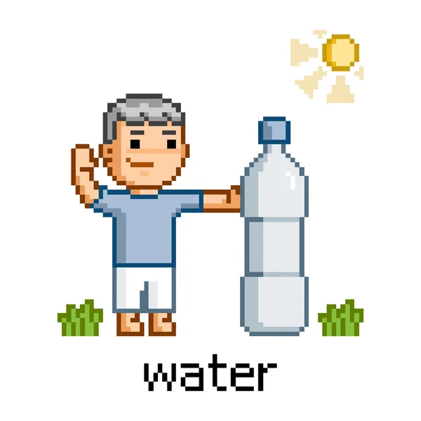 Pixel art people and bottle of water