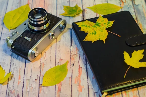 Old camera, notebook and autumn leaves