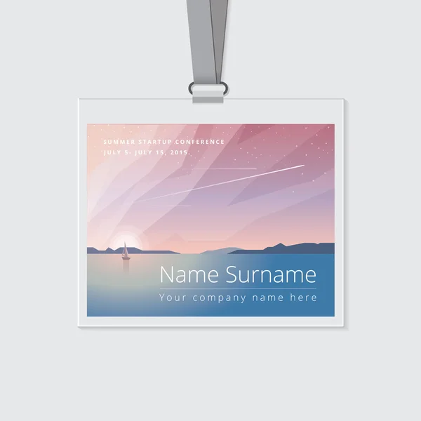 Conference name tag mockup template with summer theme vector illustration. Ocean view landscape with sailing boats and airplane flights on colorful sunrise