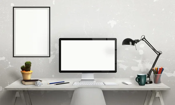 Isolated computer display for mockup. Office interior with isolated poster frame, lamp, plant, keyboard, mouse, pencils, book on desk.