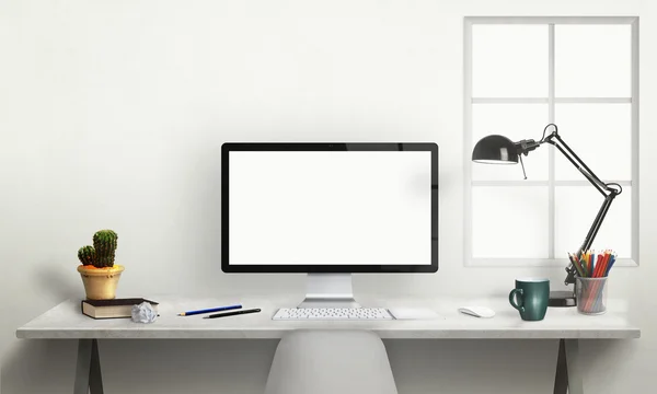 Isolated computer display for mockup. Office interior with window, lamp, plant, keyboard, mouse, pencils, book on desk.