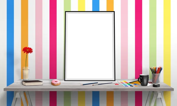 Isolated poster frame on office desk for mockup. Water colors, pencils, glasses, flowers, cup of coffee on table. Colorful wallpaper in background.