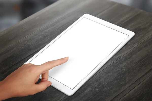 Woman hand touch tablet isolated white screen