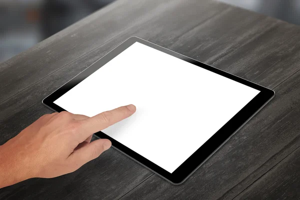 Man hand touch tablet isolated white screen