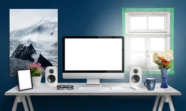 Computer display on office desk. Isolated, white screen for mockup