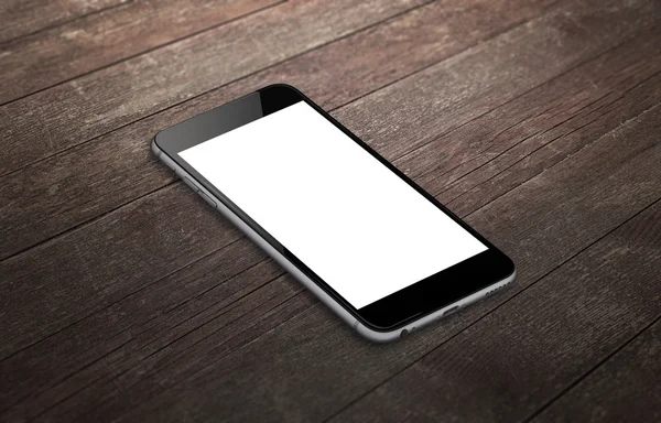 Smart phone with isolated white screen for mockup. Isometric view phone on table.