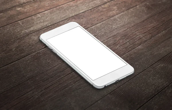Smart phone with isolated white screen for mockup. Isometric view phone on table