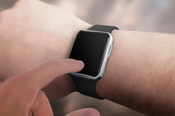 Smart watch on hand with blank screen for mockup.