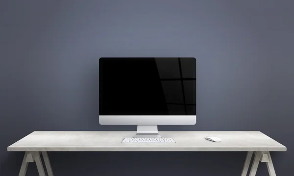 Computer display on office desk. Blank screen for mockup. Clean scene for design promotion.