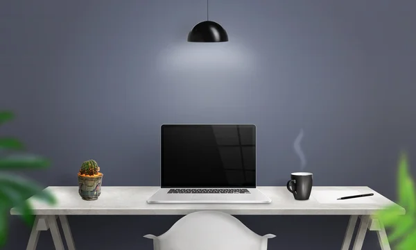 Work on laptop computer. Clean scene of the desk in office or room. Blank screen for mockup.