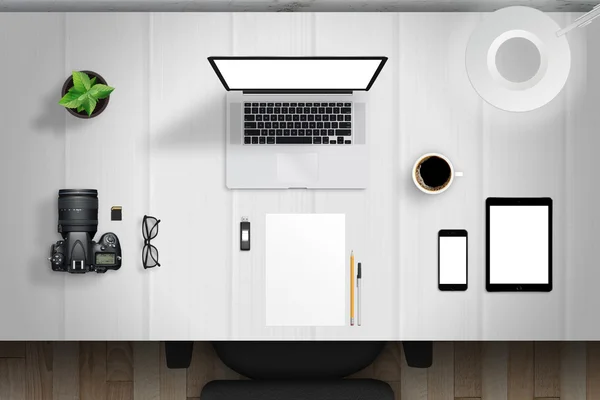 Desk mockup scene with devices from top