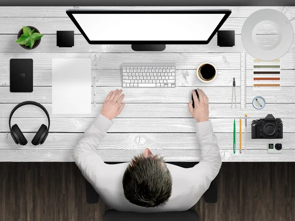 Designer desk mockup scene with devices from top