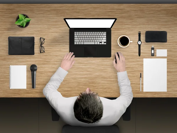 Worker in office desk mockup scene with devices from top