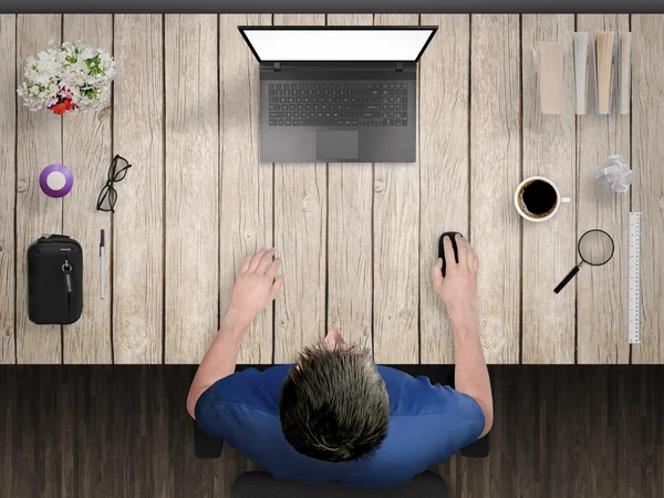 Guy working. Creative desk mock up scene with devices from top