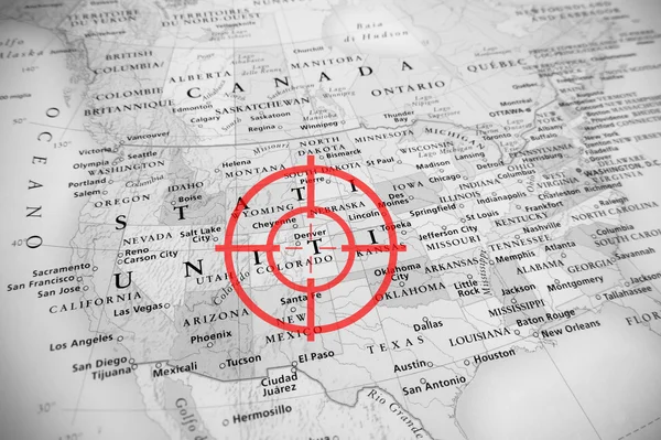 Red aerial target on tilted United States map ( Colorado ), black and white effect