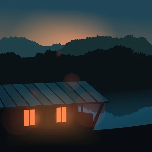 Evening landscape on the river. Vector illustration. Lake house