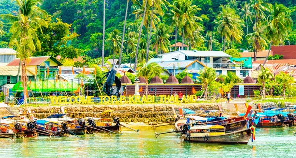 Coast of island Phi Phi Don with long tail boats