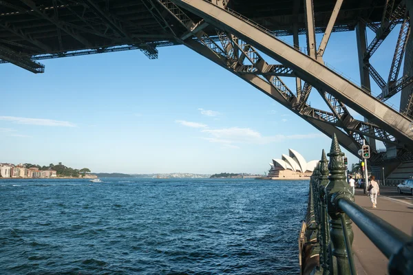 Sydney opera House along harbor edge two people walking under si