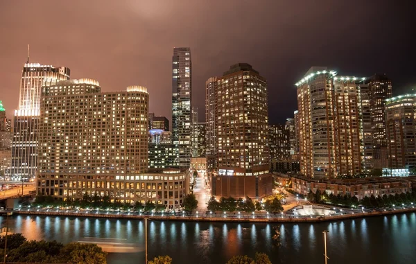 Chicago buildings, towering overhead, overground railway, urban