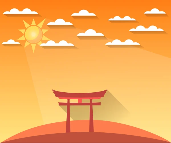 Japan Gate. Torii gate. Shinto. Landscape in a flat style with sun and clouds. Vector illustration of sunrise, sunset. Sight.