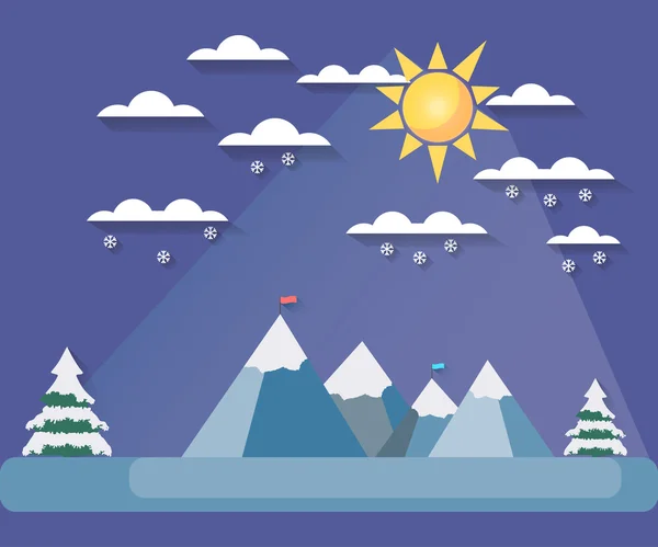 Winter landscape with a flat style. Sun with clouds on the mountain tops. The falling snow. Snow-covered trees. The flag on top. The long shadow. Vector illustration.