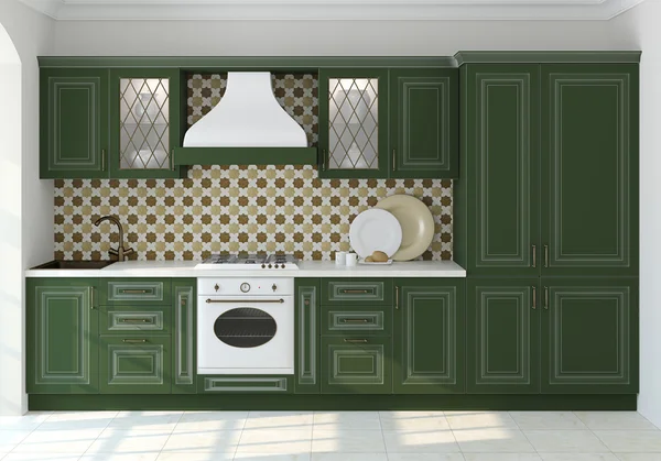 Klassieke keuken met groene muren, en witte tegelvloer — stockfoto ...