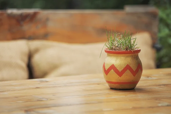 A pot of grass on a wooden table