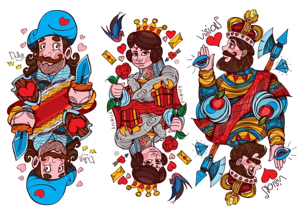 Figure characters. King, Queen and Jack of hearts suit. Playing cards.