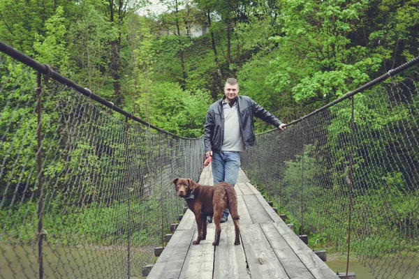 Happy young traveller man with dog hiking traveling in the forest on a sunny day