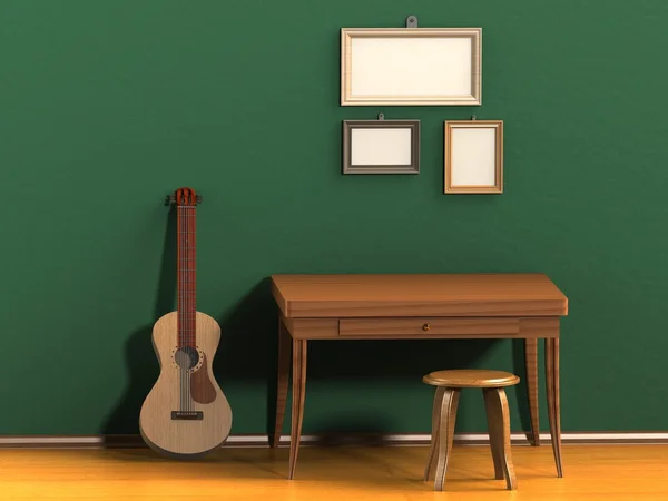 Table chair guitar clock empty frame on the wall of the green wall