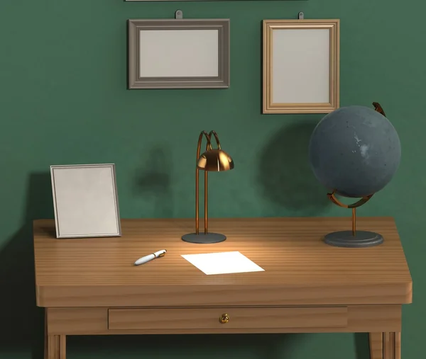 Table with empty frame on the wall, a globe and a table lamp sheet of paper and pen, green wall