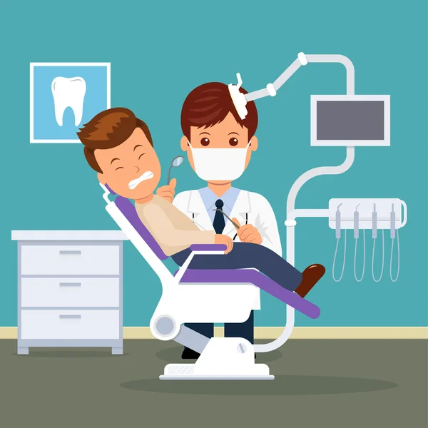 Dental office. Dentist and patient in the dental chair. Treatment and care of the oral cavity. Male in the dentist\'s chair with a toothache.
