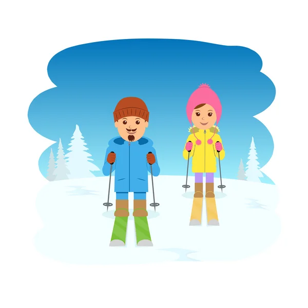 A young couple skiing. Skier boy and girl on the background of a winter landscape. Sport lifestyle for male and female