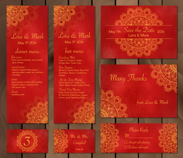 Collection of ethnic cards,menu or wedding invitations with indian ornament.