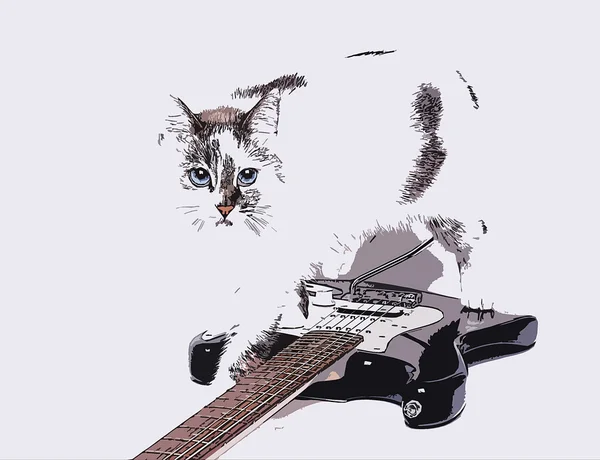 Illustration Blue-eyed cat walks on electric guitar