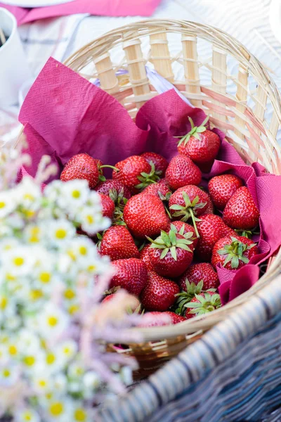Fresh strawberries in a straw basket on a picnic