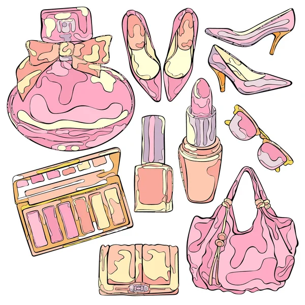 Women things: high heel shoes, ladies handbag, cosmetics, perfumes, sunglasses. Isolated vector objects on white background.