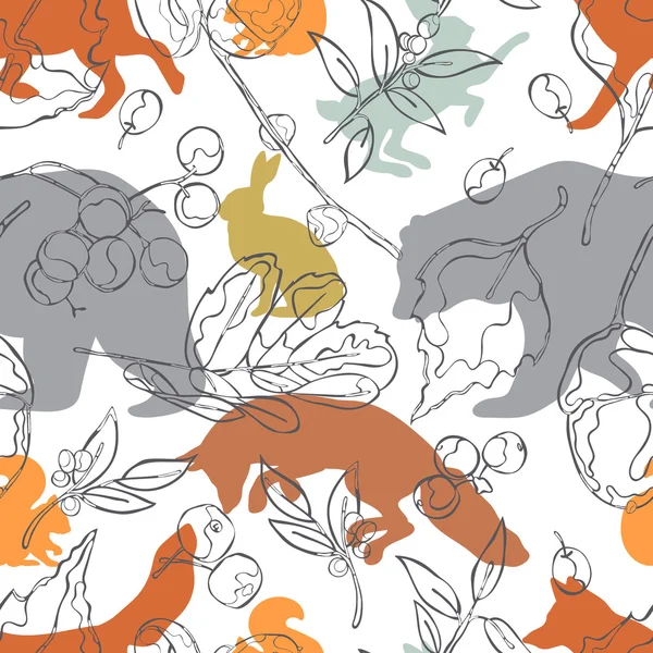 Forest animals: bear, fox, hare and squirrel. Leaves, acorns and berries. Seamless vector pattern (background).