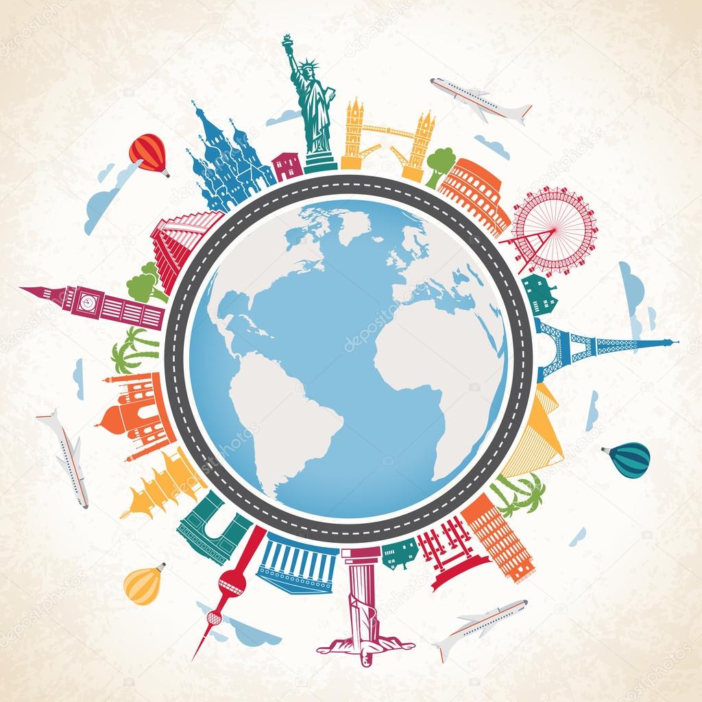 Earth Globe surrounded by Famous Landmarks and means of transpor