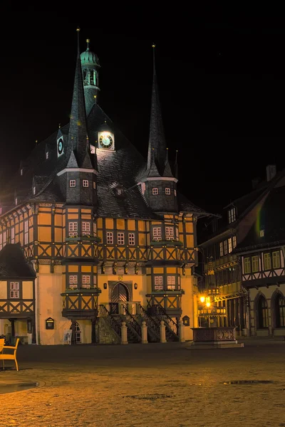 Deserted city at night. View of the medieval town hall. The district of Harz, Saxony-Anhalt, Germany