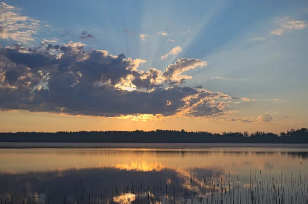 Picturesque lake and forest. The sun\'s rays make their way through a large cloud (Pisochne ozero, Ukraine)