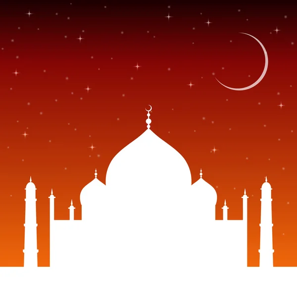 Silhouette mosque at sunset with stars and the crescent moon. Islam religion architecture.