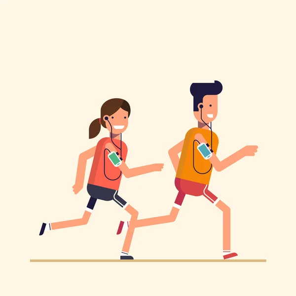 Trendy flat, thin line character design isolated on beige background. Man and woman listening to music on your phone or player while jogging, sports training. Vector cartoon illustration.