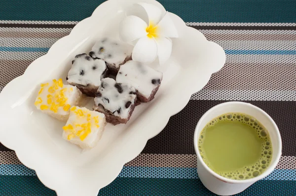 Traditional Thai Dessert With Hot Milk Green Tea On Plate